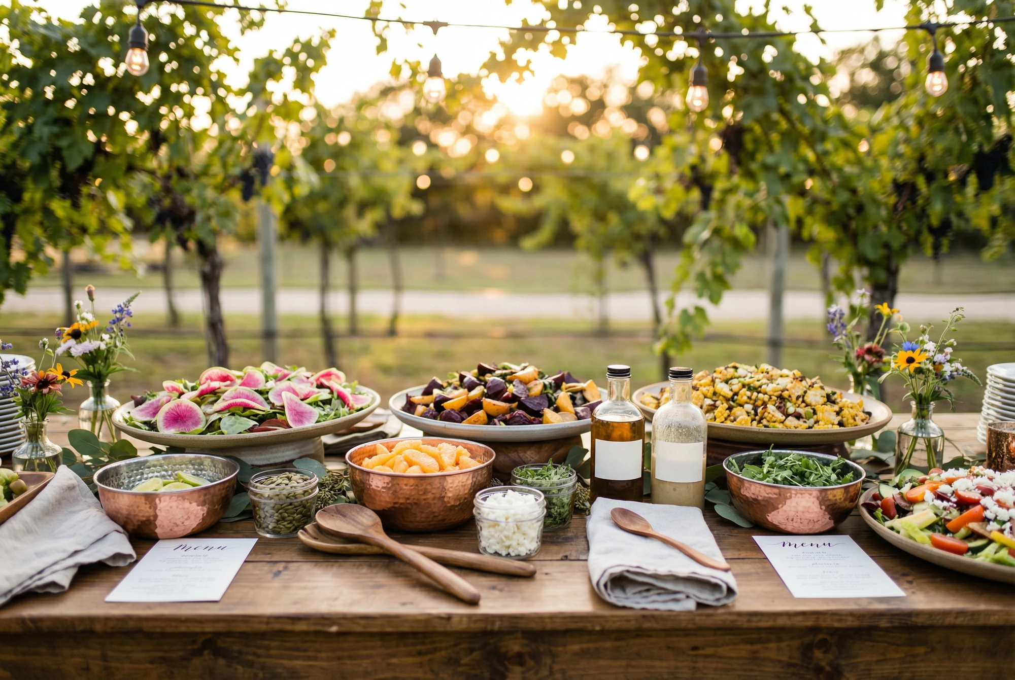 Bowls of Mixed Salads on Buffet Table at Couple's Wedding Reception