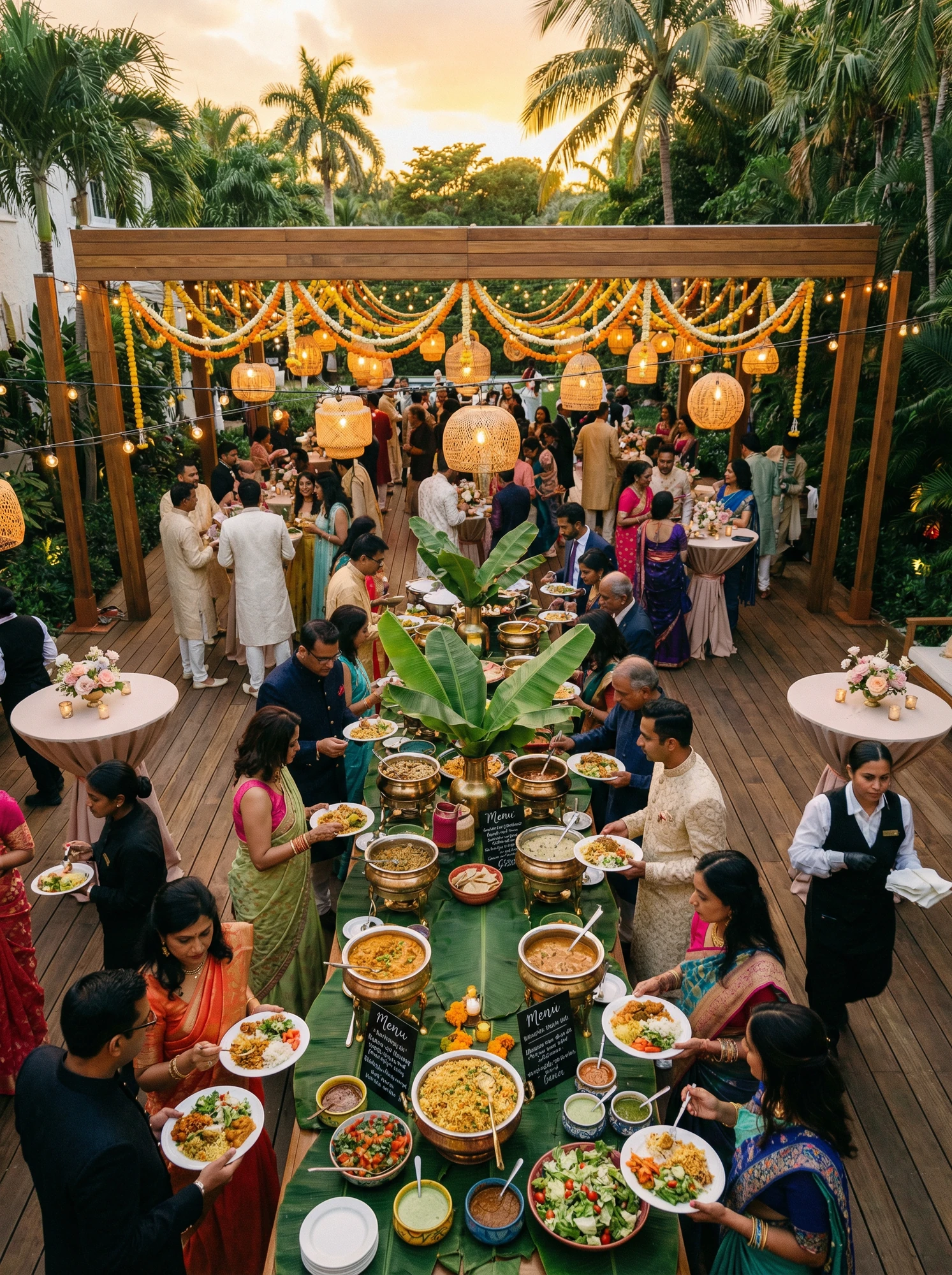 Guests Gathering Around Long Buffet Table at Couple's Open-Air Wedding Reception