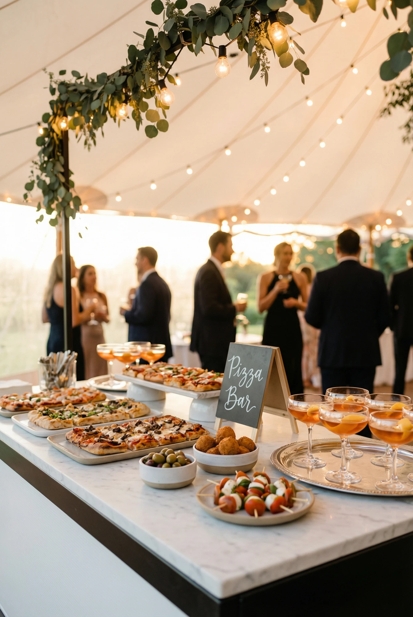 Pizza Buffet on Long Table at a Couple's Wedding Reception