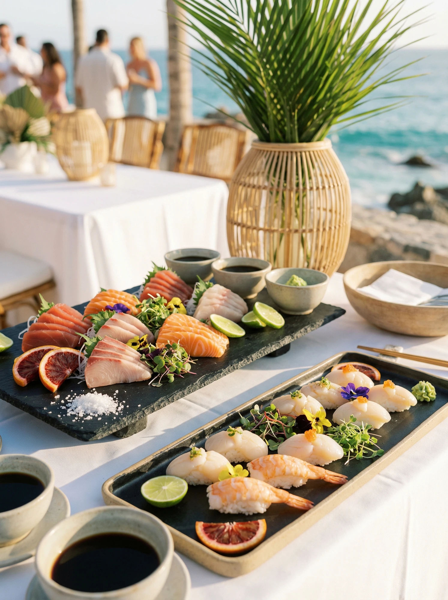 Sushi Buffet on Wooden Tables at a Couple's Outdoor Wedding Reception