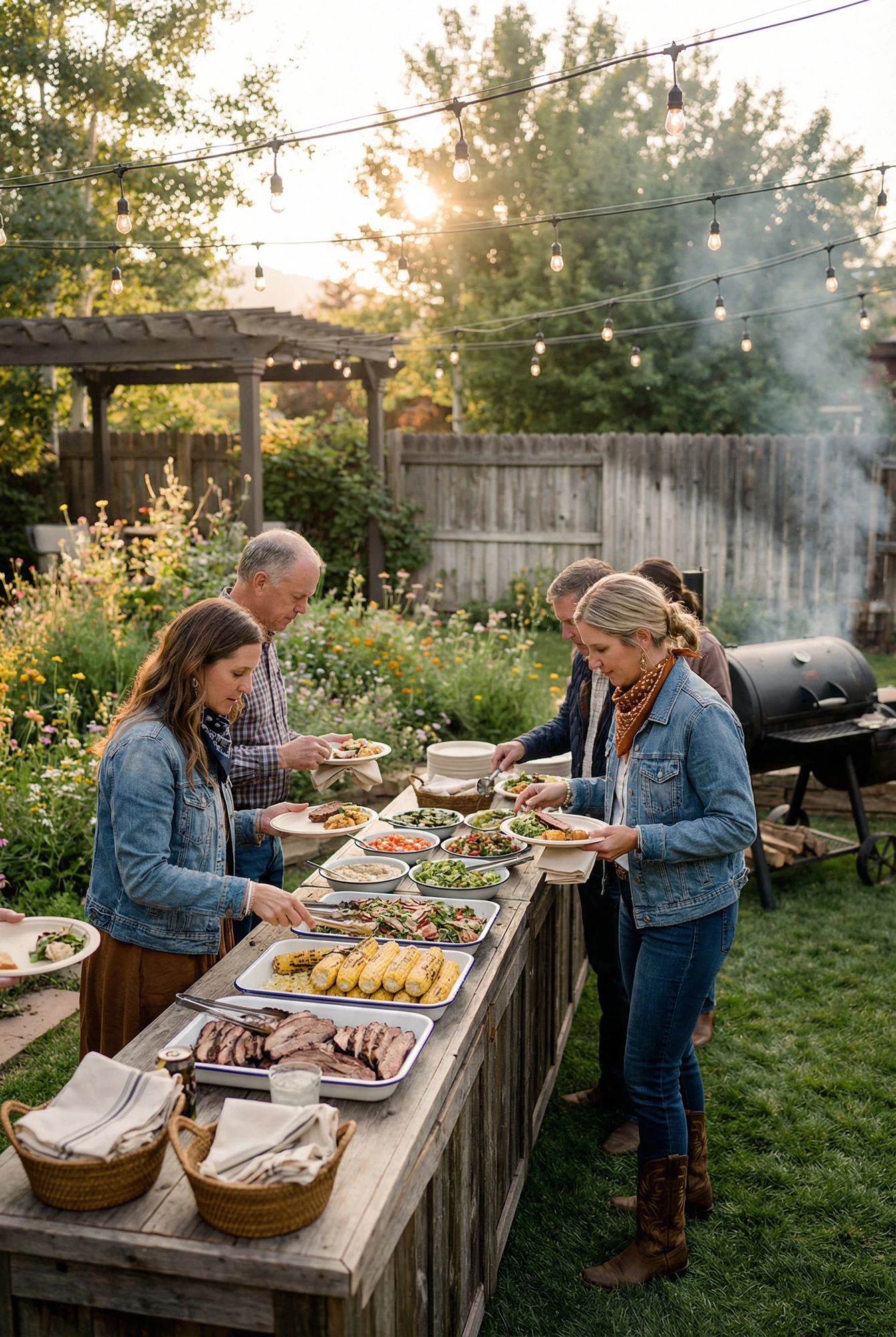 Guests Serving Themselves from an Outdoor Buffet at a Couple's Wedding Reception