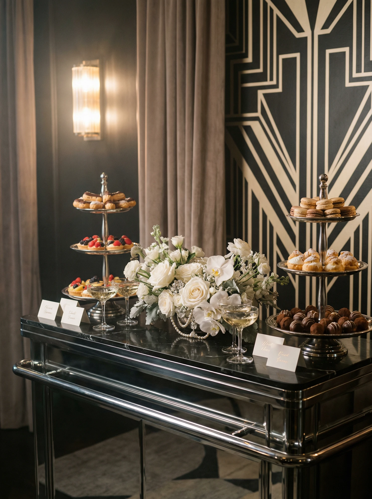 Pastry Buffet of Small Sweets at a Couple's Outdoor Wedding Reception
