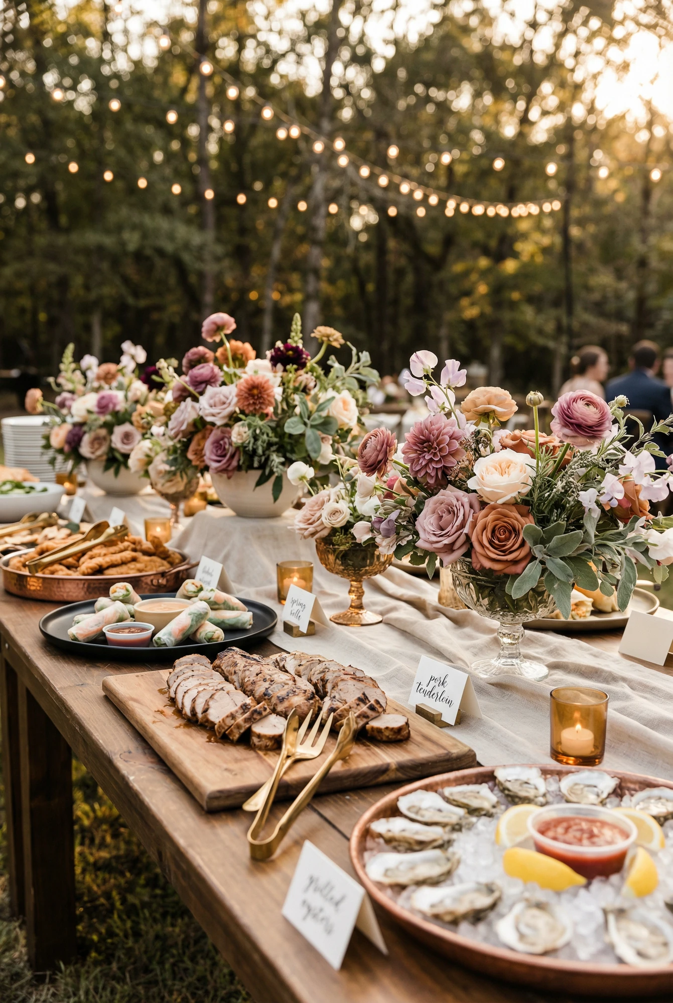Buffet of Cheeses and Meats on Flower-Covered Table at a Couple's Wedding Reception