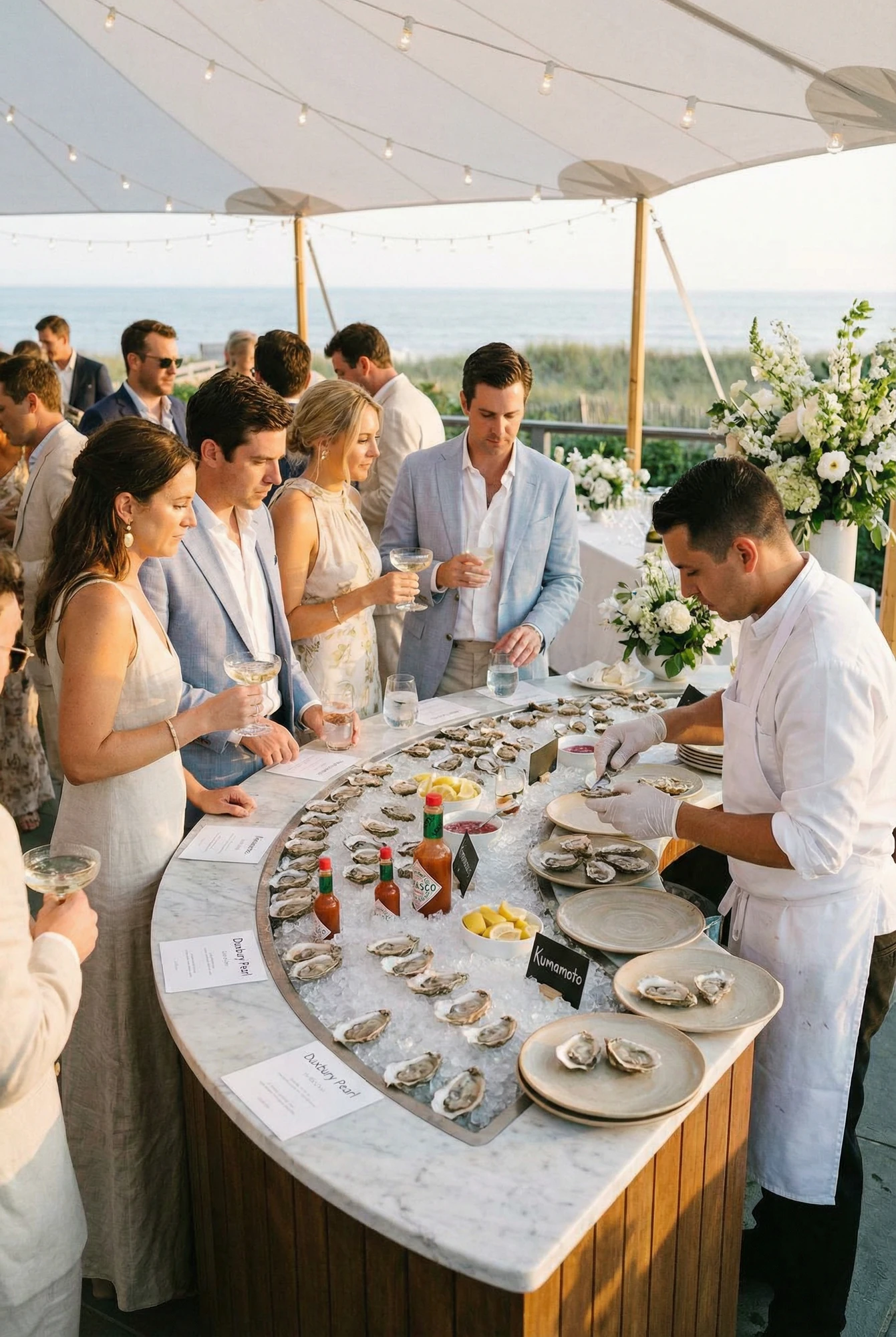 Wedding Guests Eating Oysters From Raw Bar Buffet at Outdoor Reception
