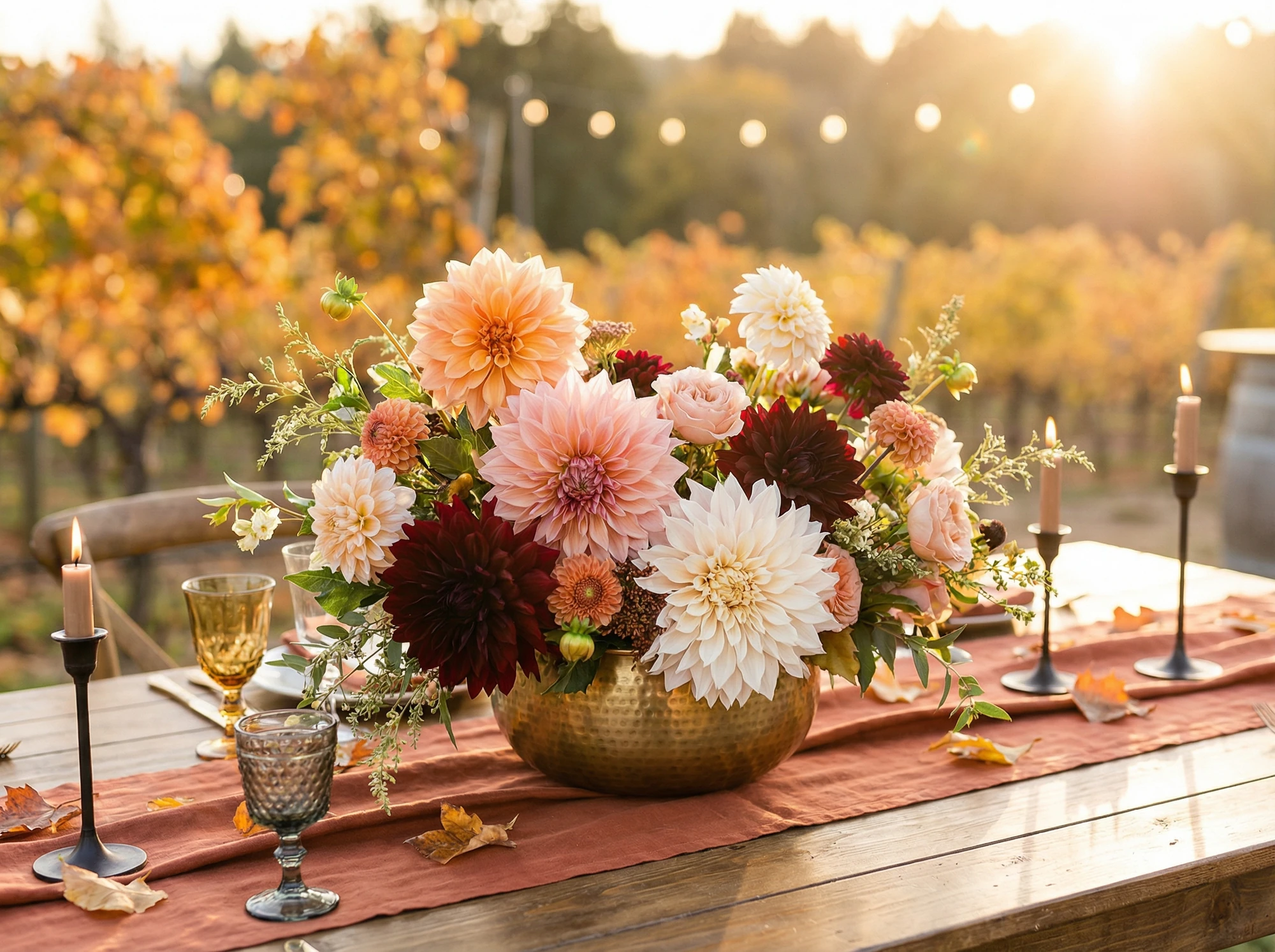 floral wedding centerpiece with peach and orange dahlias