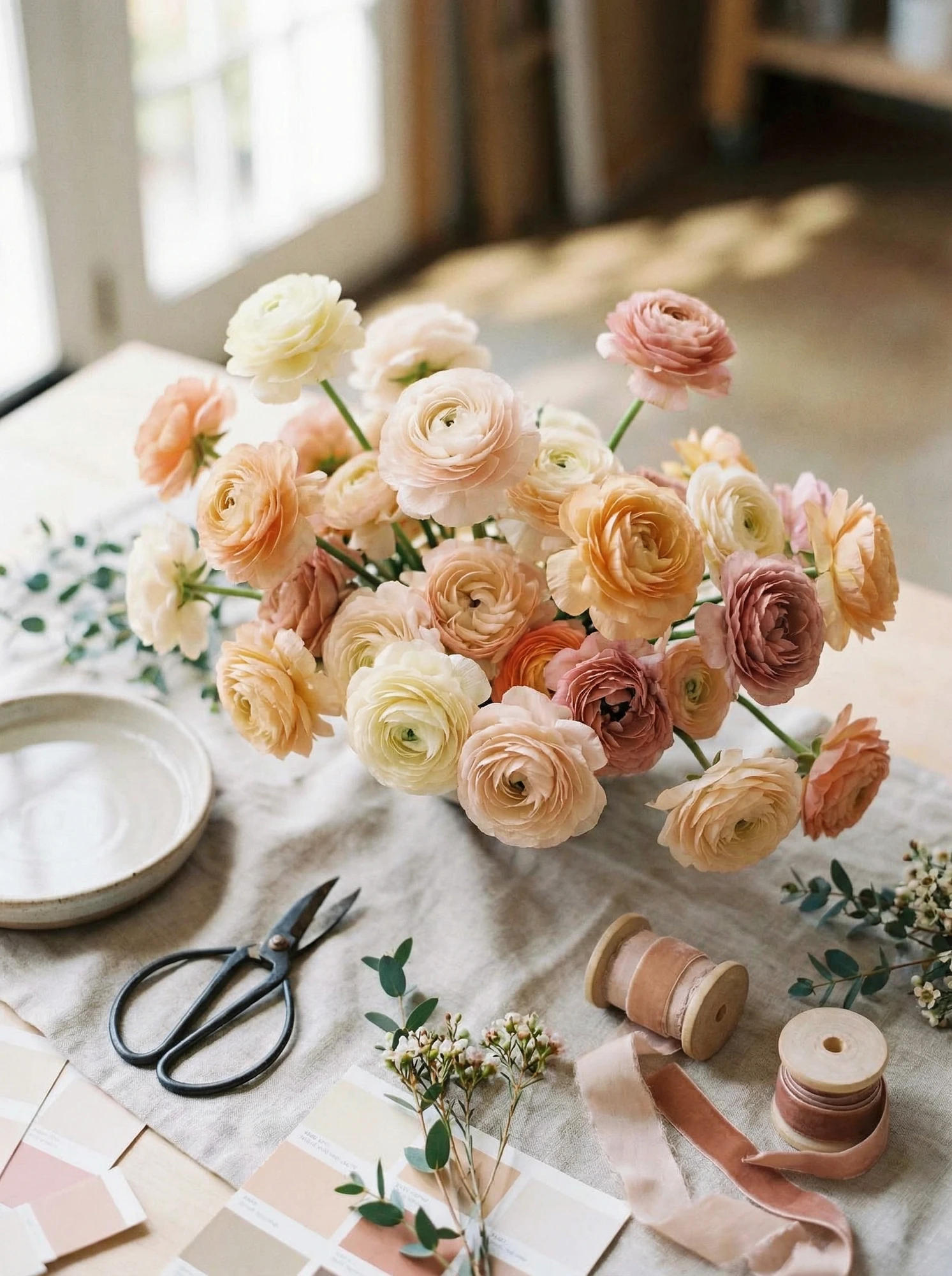 flower girl wearing flower crown with eucalyptus and roses