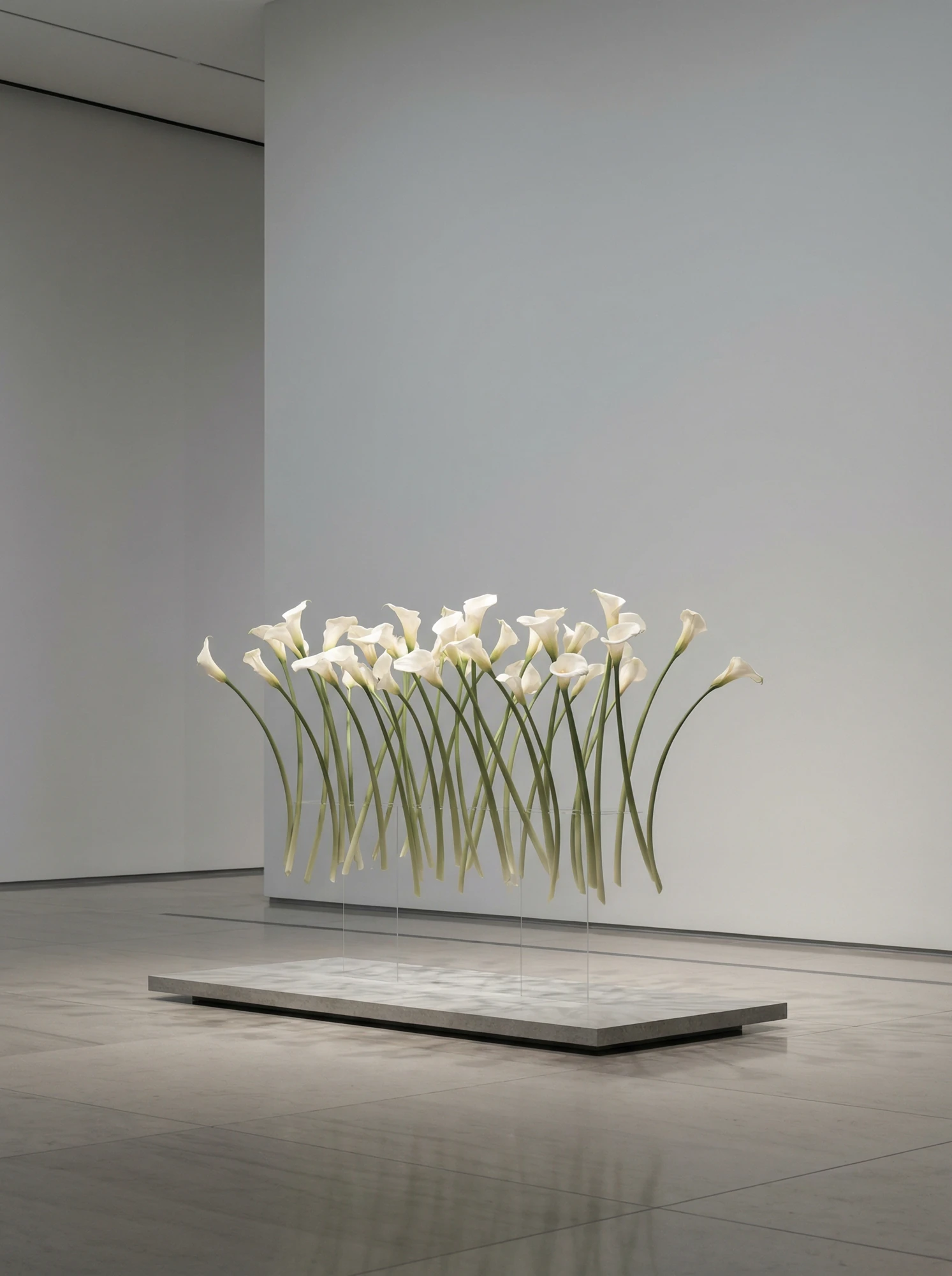 Bride in strapless white dress looking down at bouquet of calla lilies