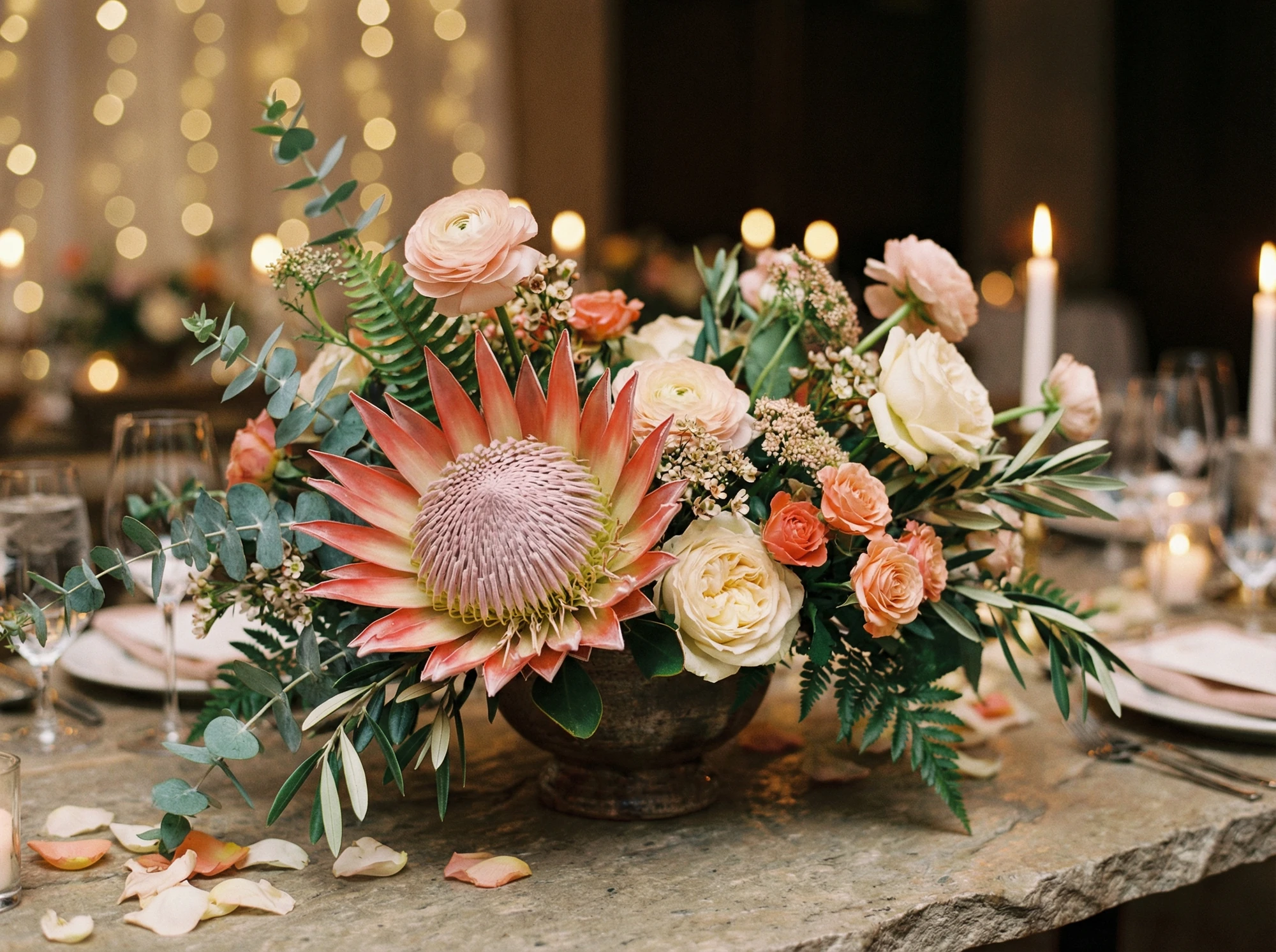 Bride holding a white king protea bouquet with pink and white anthurium