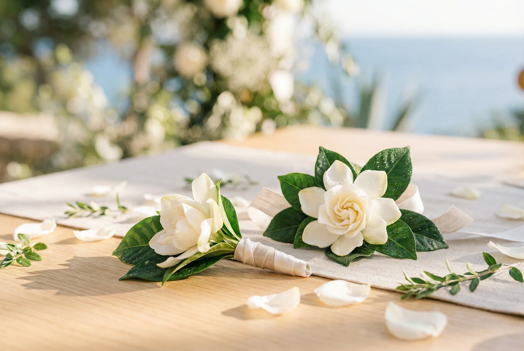Bride holding a bouquet of peonies, roses, sweet peas, and gardenia